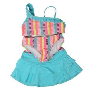 Cat & Jack Girls Swimsuit Set Pink Blue Medium Bikini Skirt Cover Stripe 3 Piece